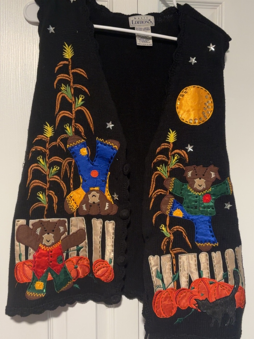Vintage 90s Basic Editions Halloween Bears and Pumpkins Grandma Sweater Vest XL